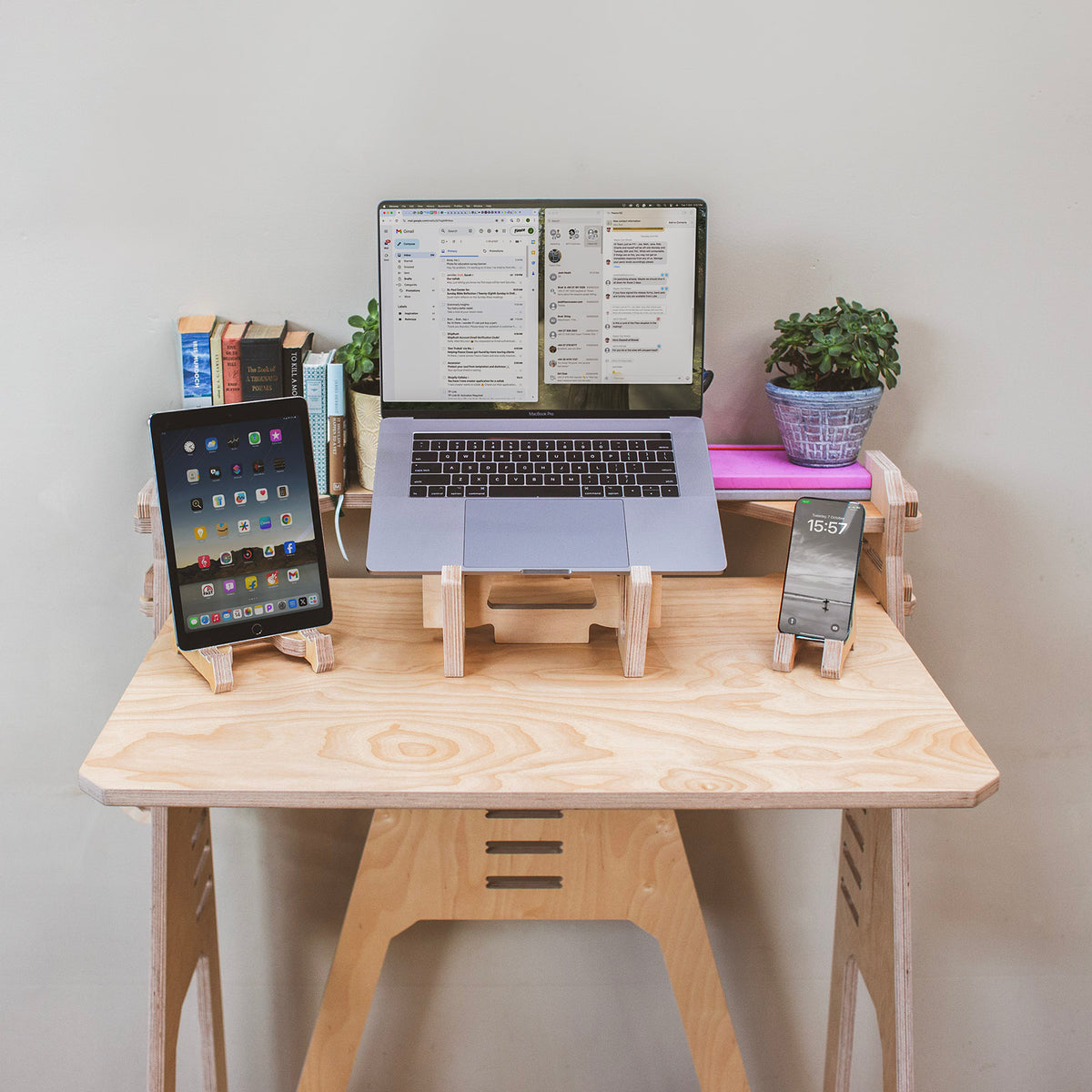 Wooden sit or stand desk with Laptop Lifter, Tablet Stand and Phone Stand.